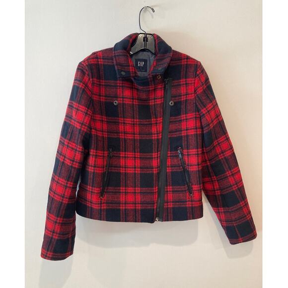 Gap Black & Red Check Buffalo Plaid 90s Inspo Wool Moto Biker Jacket ~ Sz M - Picture 6 of 12